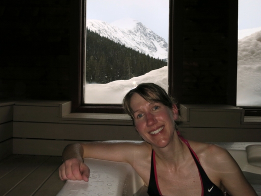 Relaxing in the hot tub after our hike with a perfect view of the peak.
