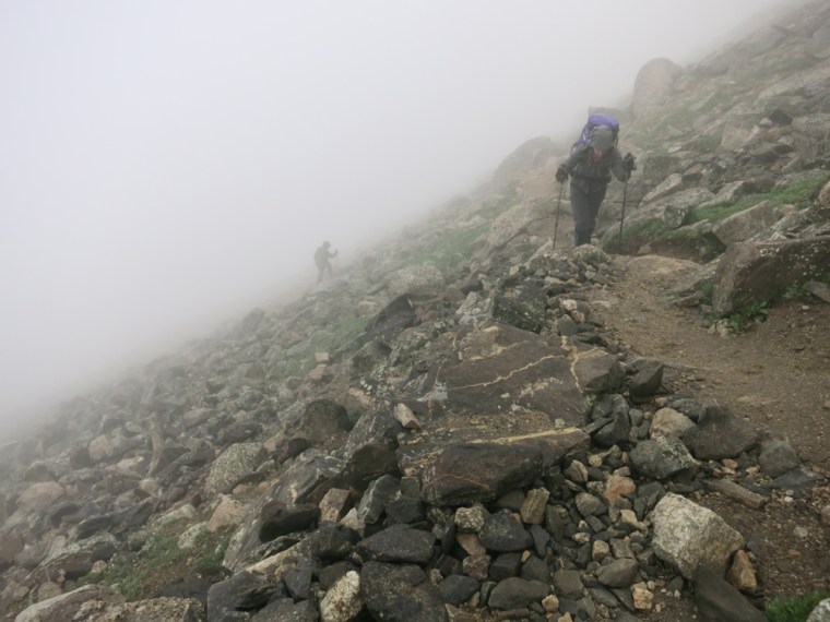Ascending Mt. Yale with my monster pack in some early morning fog.