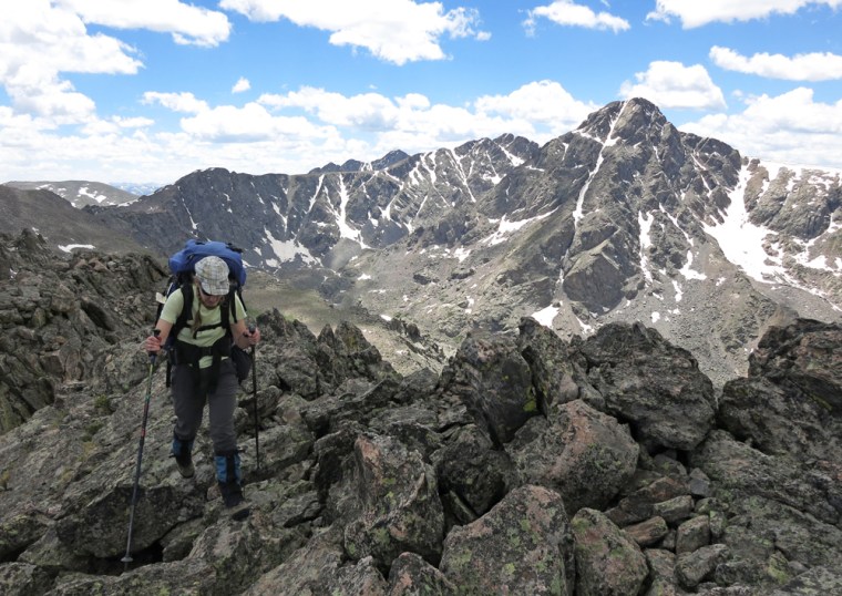 Descending from Notch Mountain. Mt. of the Holy Cross, which we hiked the day before, can be seen in the background.