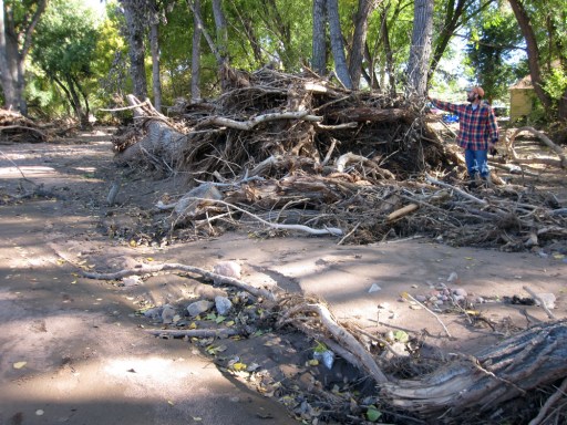 Huge debris piles were left behind by the flood. It was hard to comprehend that this spot was once a tiny 4-inch deep creek.