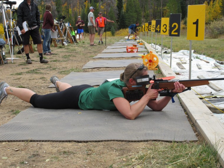 Here I am shooting in prone position. The ability to use one's elbow for support makes the it a little easier to hit the targets when I am breathing hard.